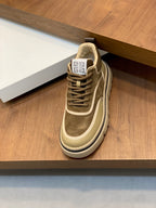 Luxury sneakers, olive suede upper with beige piping, lace-up and padded collar