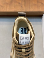 Luxury sneaker tongue and laces detail, beige lining with geometric logo patch