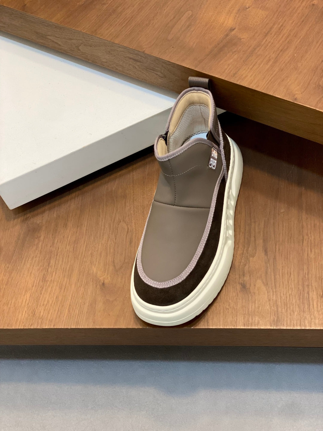 Givenchy slip-on sneaker, taupe upper with dark trim and white rubber sole