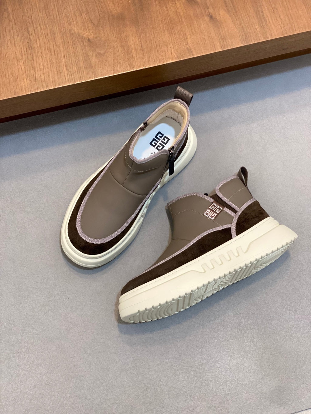 Givenchy slip-on sneakers, taupe uppers with dark logo band and white sole