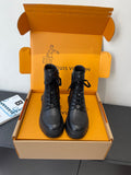 Louis Vuitton unisex black leather lace-up ankle boots with chunky tread sole
