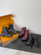 Louis Vuitton unisex lace-up ankle boots, black and burgundy styles in open box