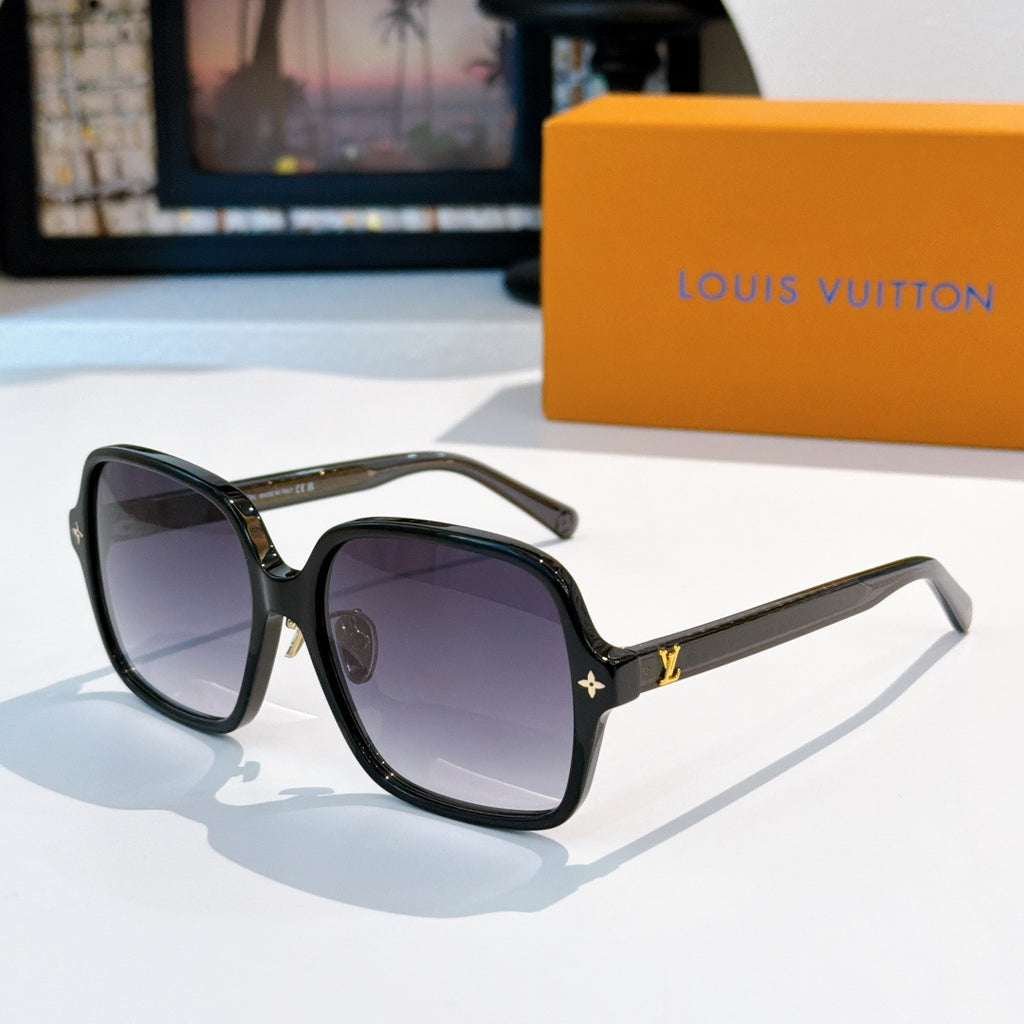 Black square sunglasses with purple-tinted lenses and gold temple accents