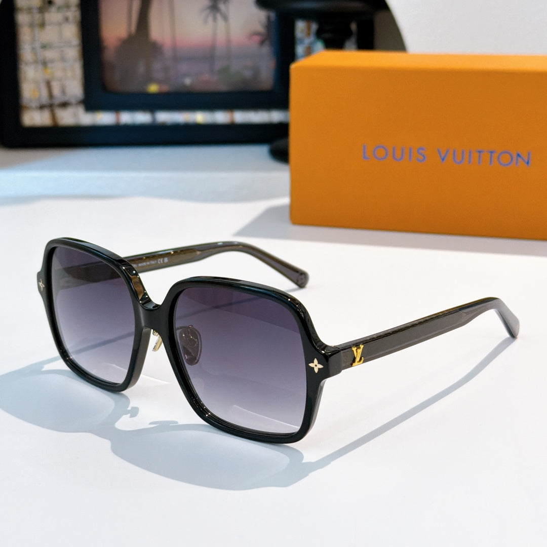 Black square sunglasses with purple-tinted lenses and gold temple accents