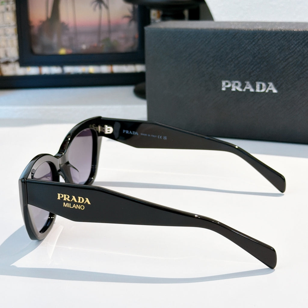 Prada sunglasses with glossy black frames and tinted lenses, thin arms with logo