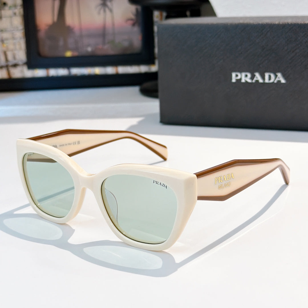 Prada sunglasses with white frames and light green tinted lenses, square cat-eye style
