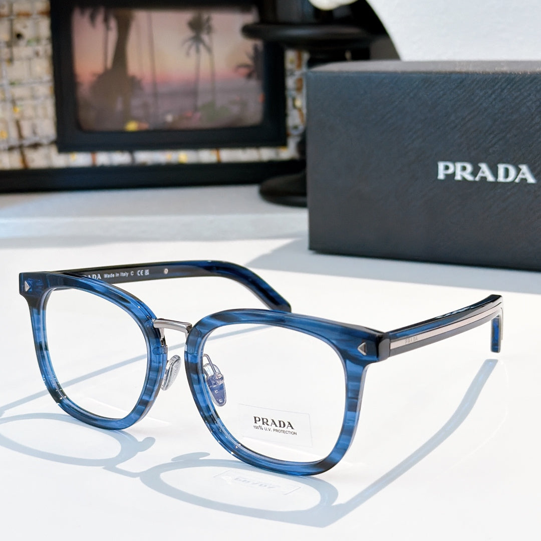 Prada eyeglasses with blue full-rim rectangular frames and silver metal temples.