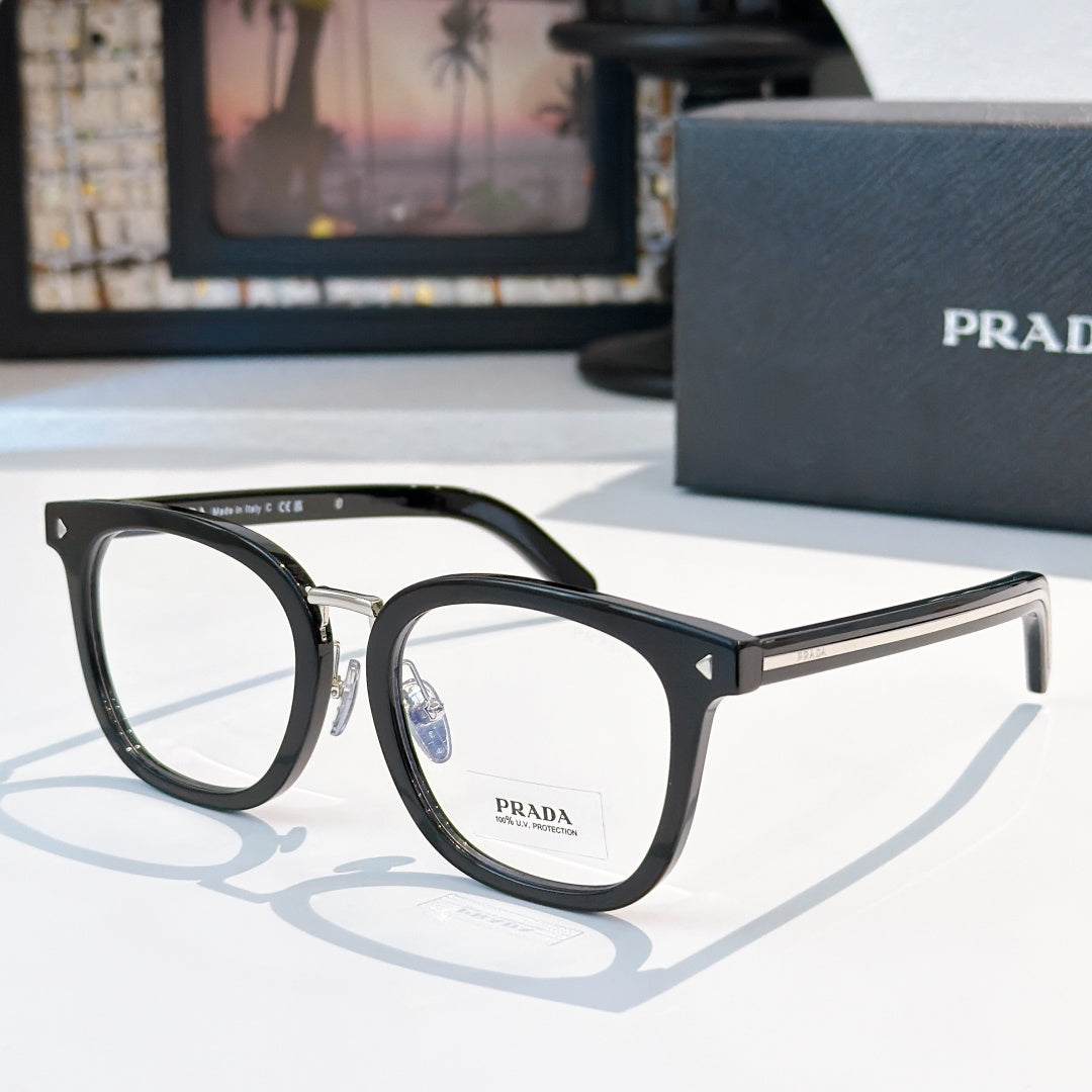 Prada eyeglasses with black full-rim rectangular frames and silver metal temples.