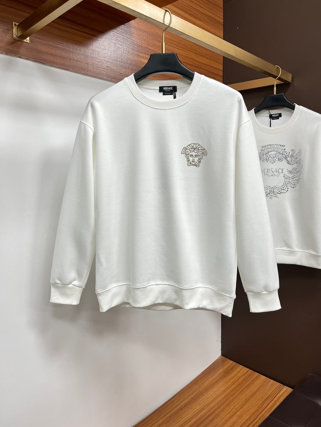 White Versace crewneck sweatshirt with rhinestone Medusa logo on chest