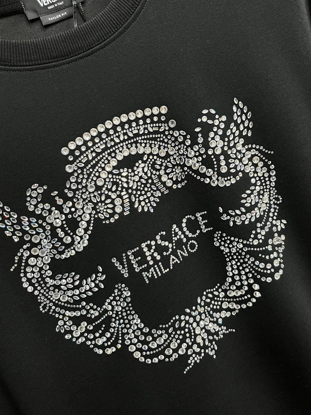 Black sweatshirt with rhinestone VERSACE Milano Medusa crest and text