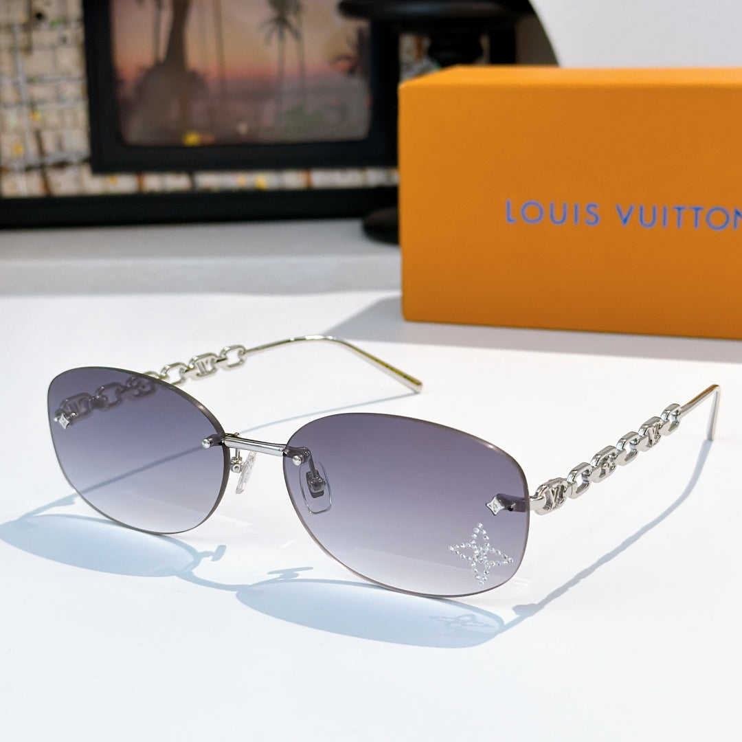 Louis Vuitton sunglasses with silver-toned chain temples and violet gradient lenses, star detail