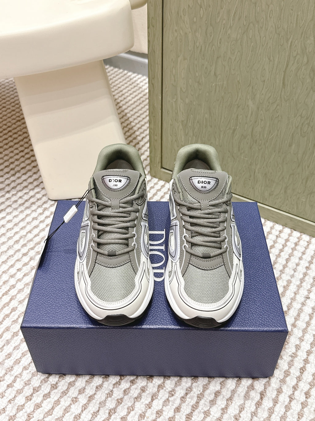 Grey and white lace-up sneakers, Dior logo heel patch and cushioned sole