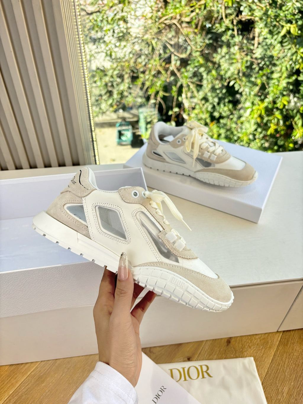 Cream and beige unisex sneakers, lace-up design with textured sole