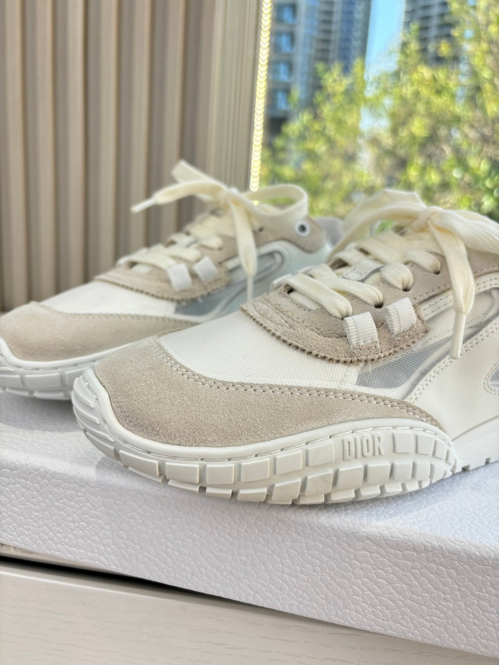Unisex cream sneakers, beige suede and textured panel details
