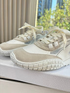 Unisex cream sneakers, beige suede and textured panel details