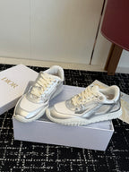 White and silver Dior low-top sneakers on box, angled front view