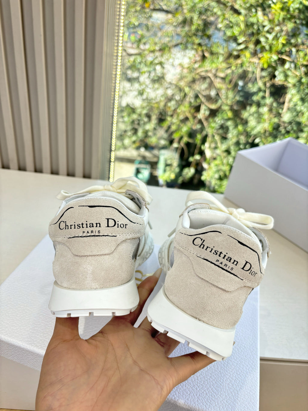 Unisex sneakers with Dior script on heel, cream and beige suede panels