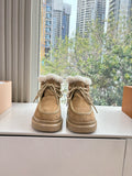 Louis Vuitton unisex lace-up shoes in tan suede with fuzzy shearling lining and trim