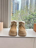 Louis Vuitton unisex lace-up shoes in tan suede with fuzzy shearling lining and trim
