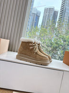 Louis Vuitton unisex tan lace-up shoes with shearling collar and low rubber sole