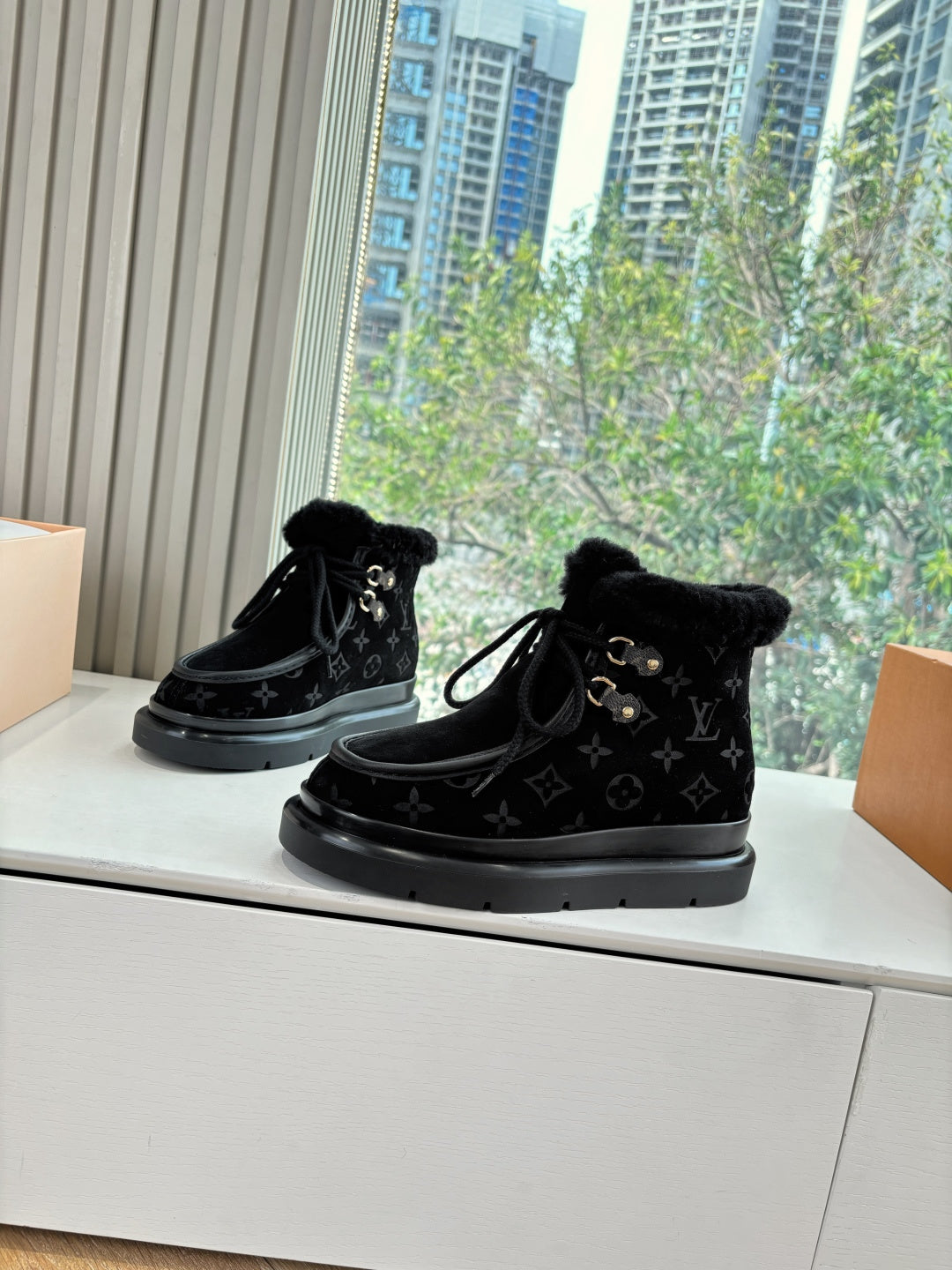 Louis Vuitton unisex black monogram ankle boots with fur trim and lace ties