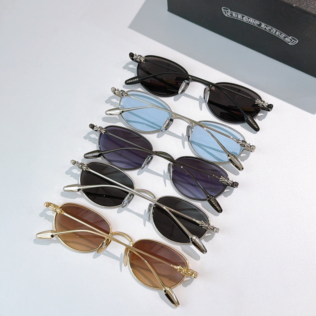 Assorted sunglasses with mixed frames and tinted lenses, stacked on display surface.
