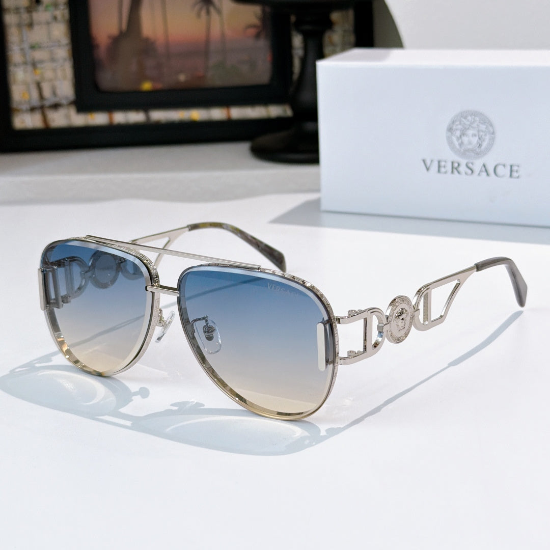 Versace aviator sunglasses, silver frame with blue tinted lenses