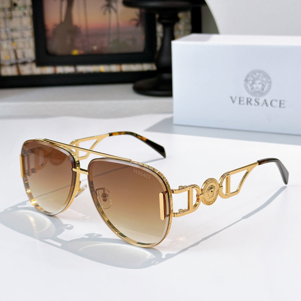 Versace aviator sunglasses, gold frame with brown tinted lenses