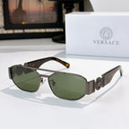 Versace sunglasses with dark frame and green lenses, patterned temple band detail