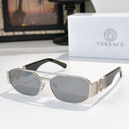 Versace sunglasses with silver frame and dark gray lenses, thin bridge detail