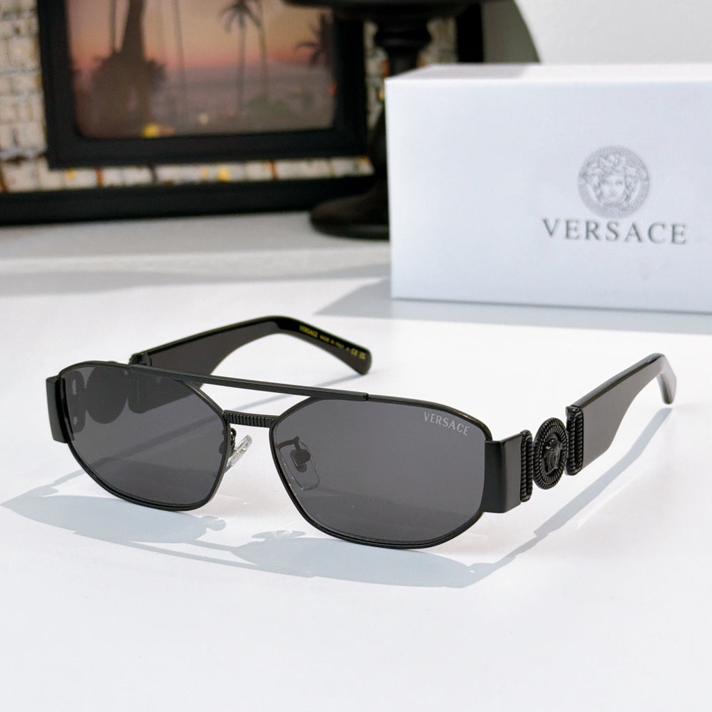 Versace sunglasses with black frame and dark lenses, sculpted temple logo detail
