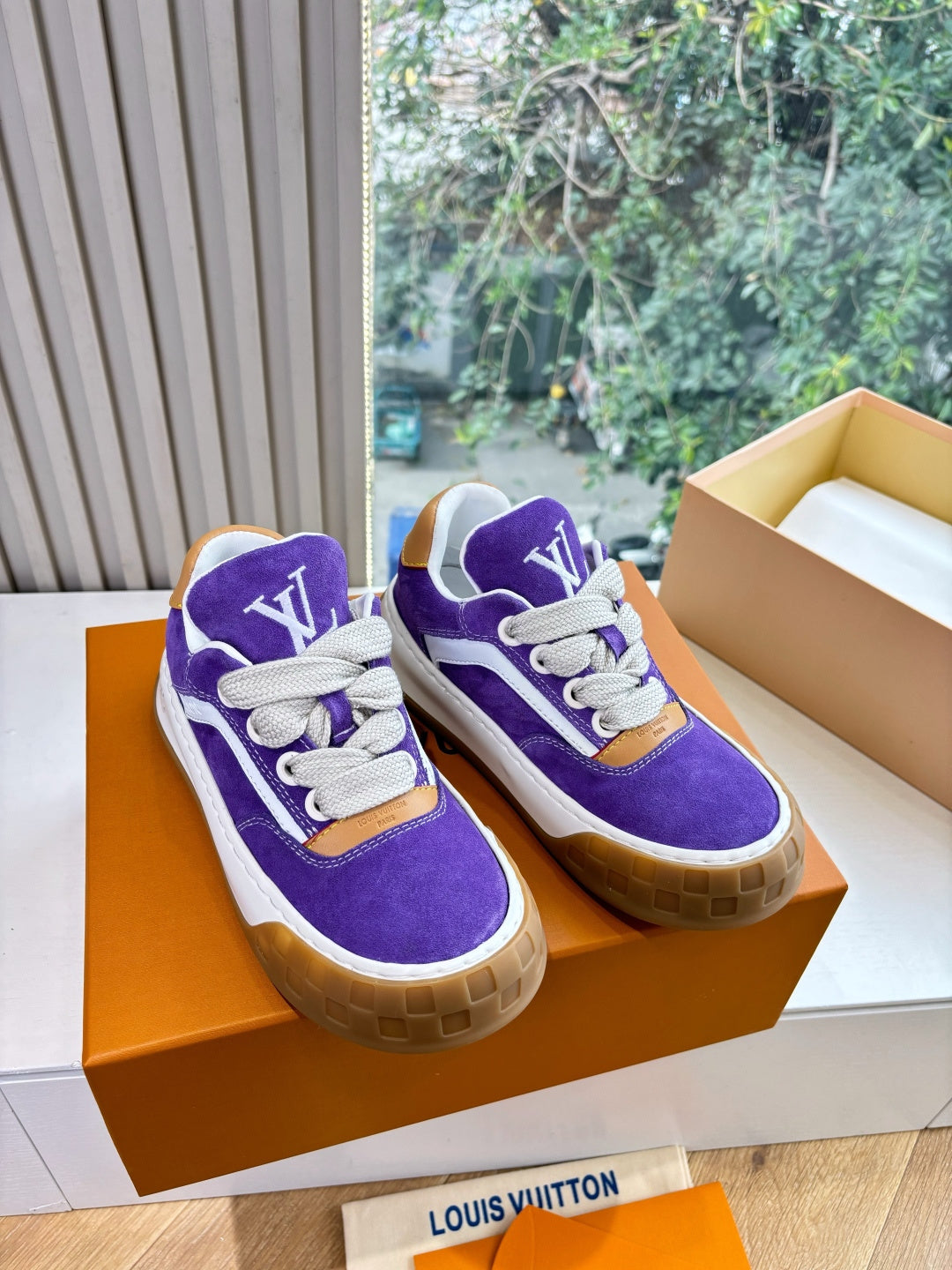 Louis Vuitton unisex purple sneakers in a box, white laces and LV logo on tongue