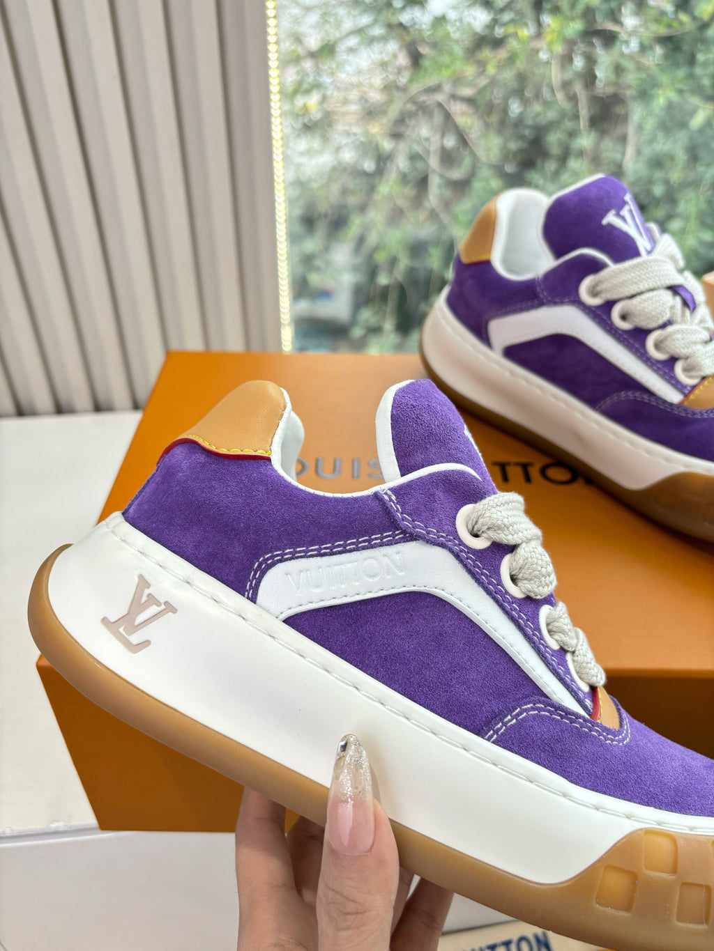 Louis Vuitton unisex purple sneakers with white side logo, white laces, gum outsole