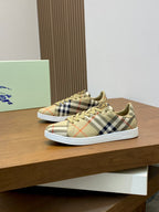 Burberry check low-top sneakers, front angle, beige plaid canvas and white sole