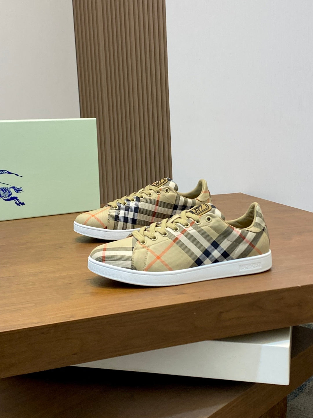 Burberry check low-top sneakers, front angle, beige plaid canvas and white sole