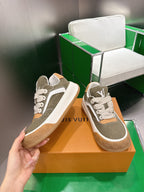 Unisex sneakers with olive and white panels, tan quarter accents, and LV logo