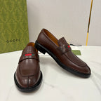Gucci unisex leather loafers, dark brown with green-red stripe strap and black rubber sole
