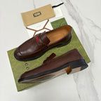 Gucci unisex leather loafer, dark brown slip-on with green-red stripe and textured sole