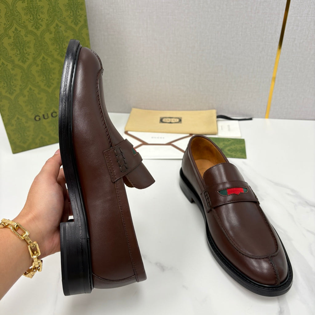 Gucci unisex leather loafer heel and side view, dark brown with green-red stripe detail
