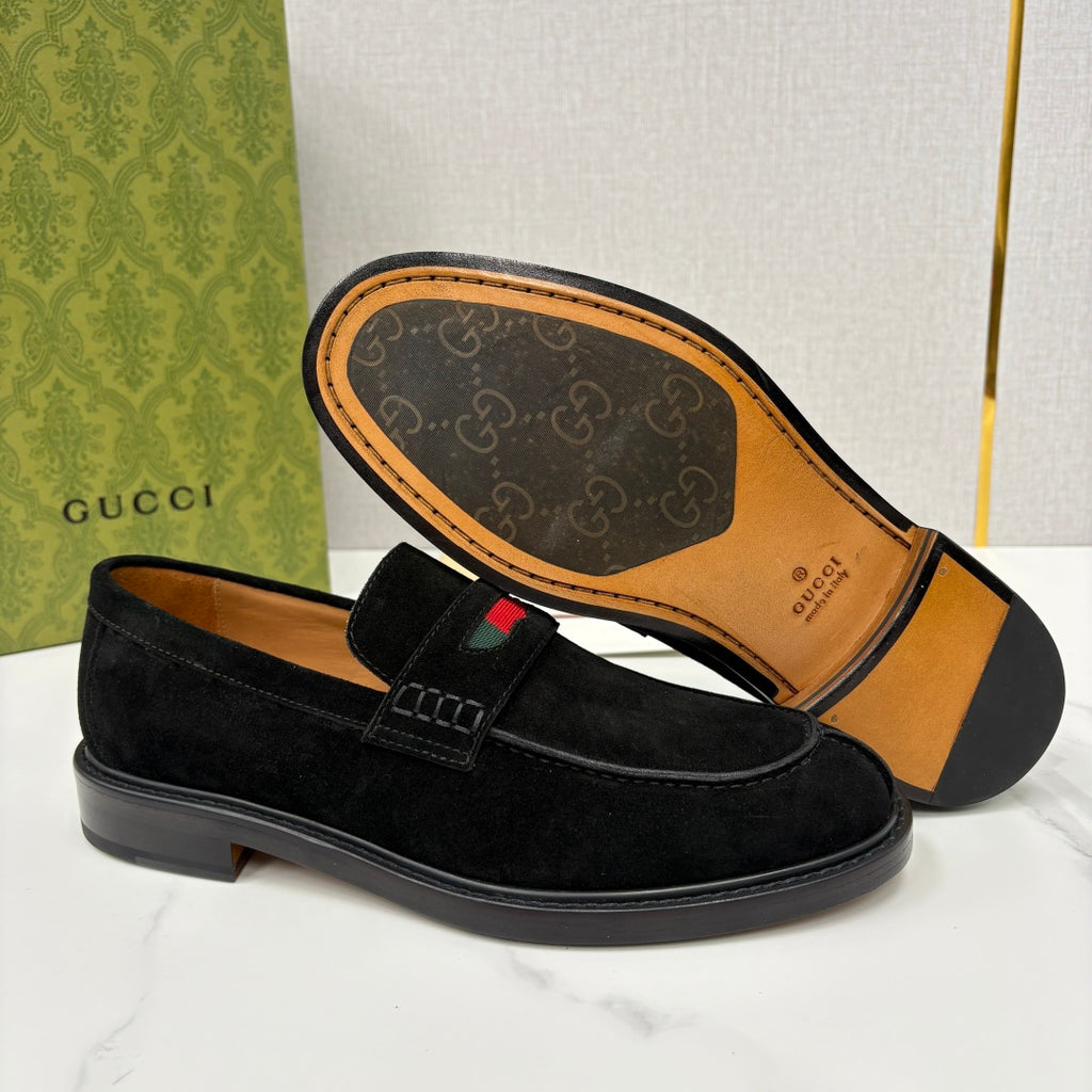 Gucci unisex black suede loafer, open view of insole and multicolor stripe.