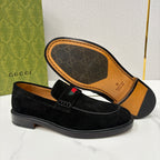 Gucci unisex black suede loafer, open view of insole and multicolor stripe.