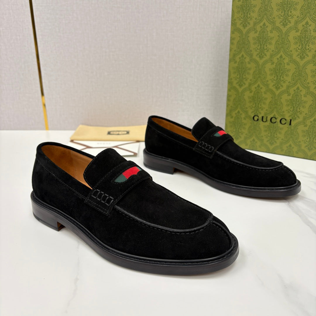 Gucci unisex black suede loafers with multicolor stripe, low stacked heel.
