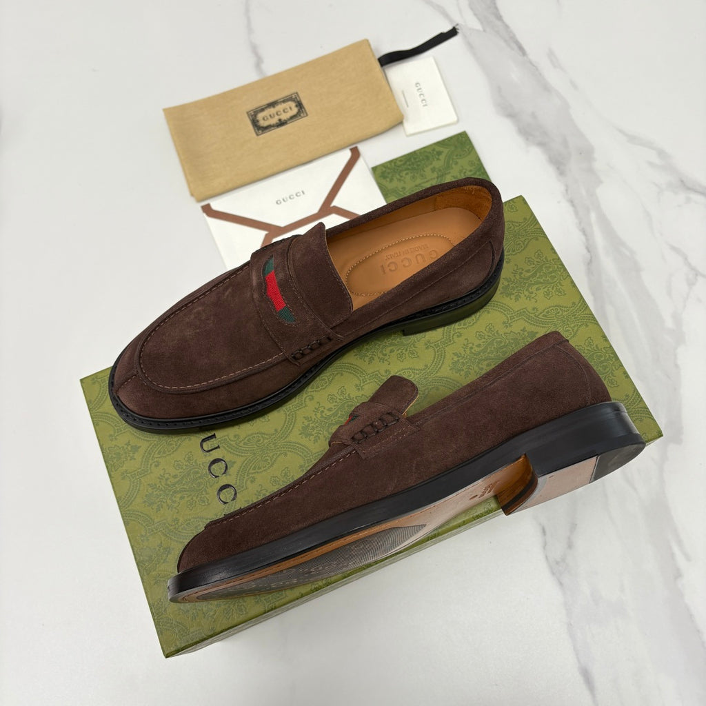 Gucci unisex suede loafers, dark brown slip-on with side strap and multicolor logo stripe