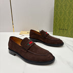 Gucci unisex suede loafers, dark brown with strap vamp and multicolor logo stripe
