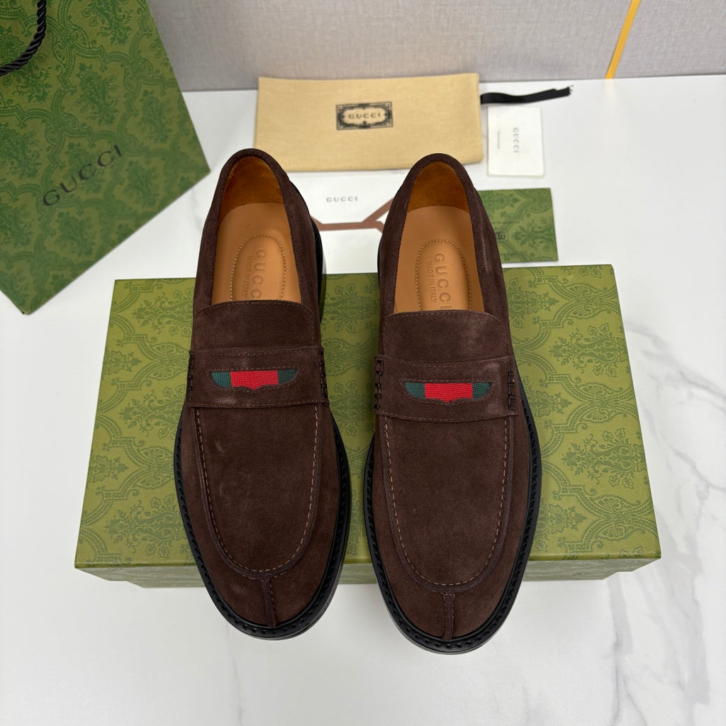 Gucci unisex suede loafers, dark brown with strap vamp and multicolor logo stripe