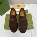 Gucci unisex suede loafers, dark brown with strap vamp and multicolor logo stripe