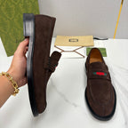 Gucci unisex suede loafers, dark brown with black sole and multicolor logo stripe