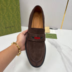 Gucci unisex suede loafer, dark brown with strap vamp and multicolor logo stripe