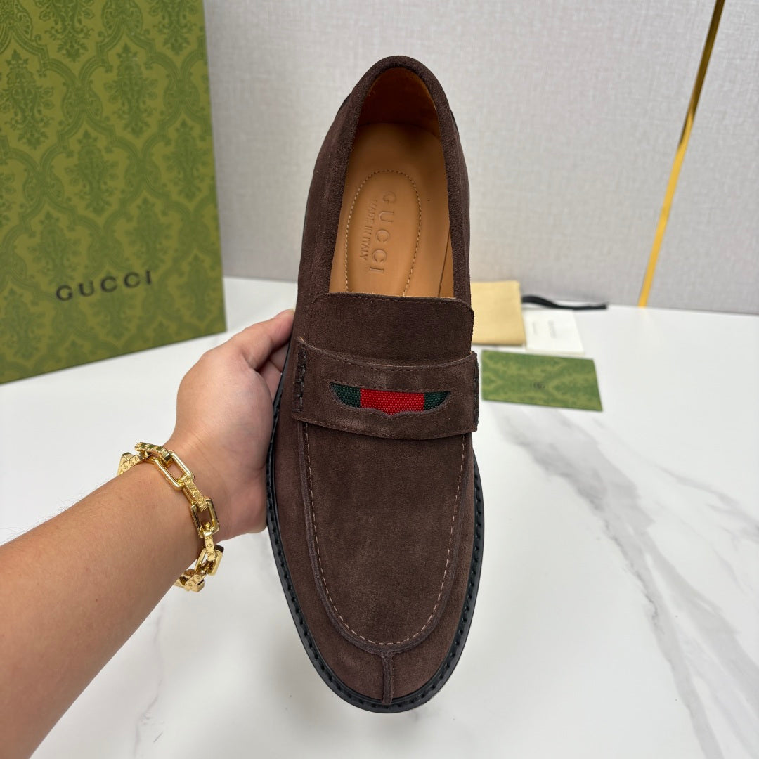 Gucci unisex suede loafer, dark brown with strap vamp and multicolor logo stripe