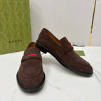 Gucci unisex suede loafers, dark brown side pair with strap vamp and multicolor logo stripe